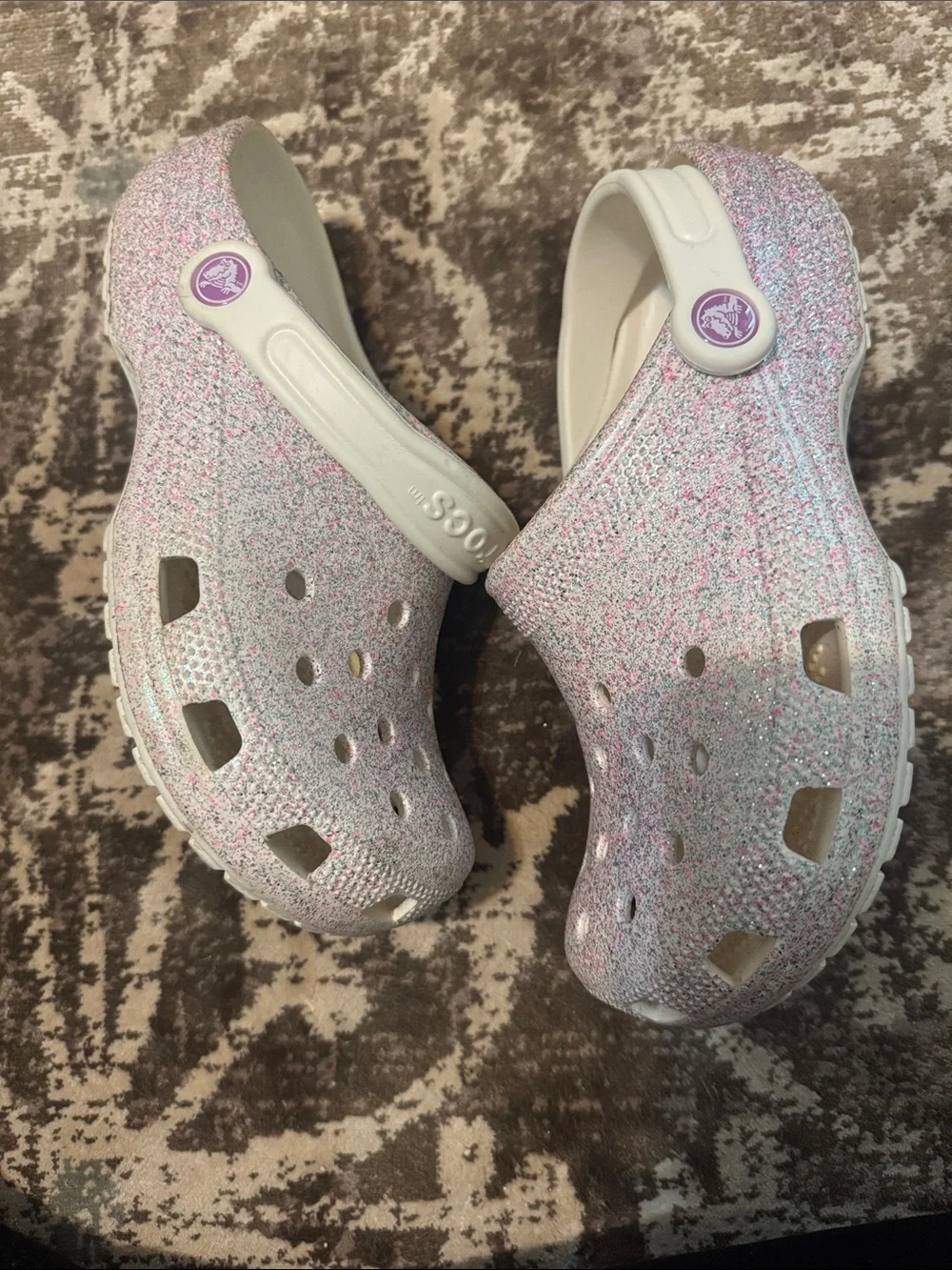 CROCS Kids' Glitter Clog in White with Pink and Blue Sparkle